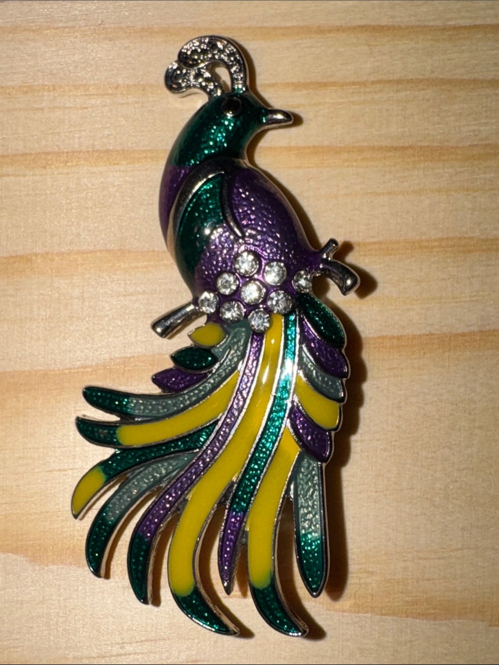 Vintage Decorative Peacock Brooch Pin in Green, Purple & Yellow